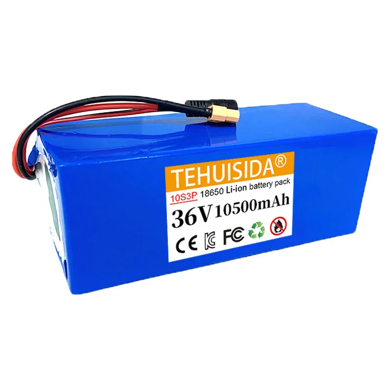 36V 10500mAh バッテリー 内蔵 20A BMS 18650 10S3P リチウムバッテリーパック 保護ケース + XT60 コネクター付き
