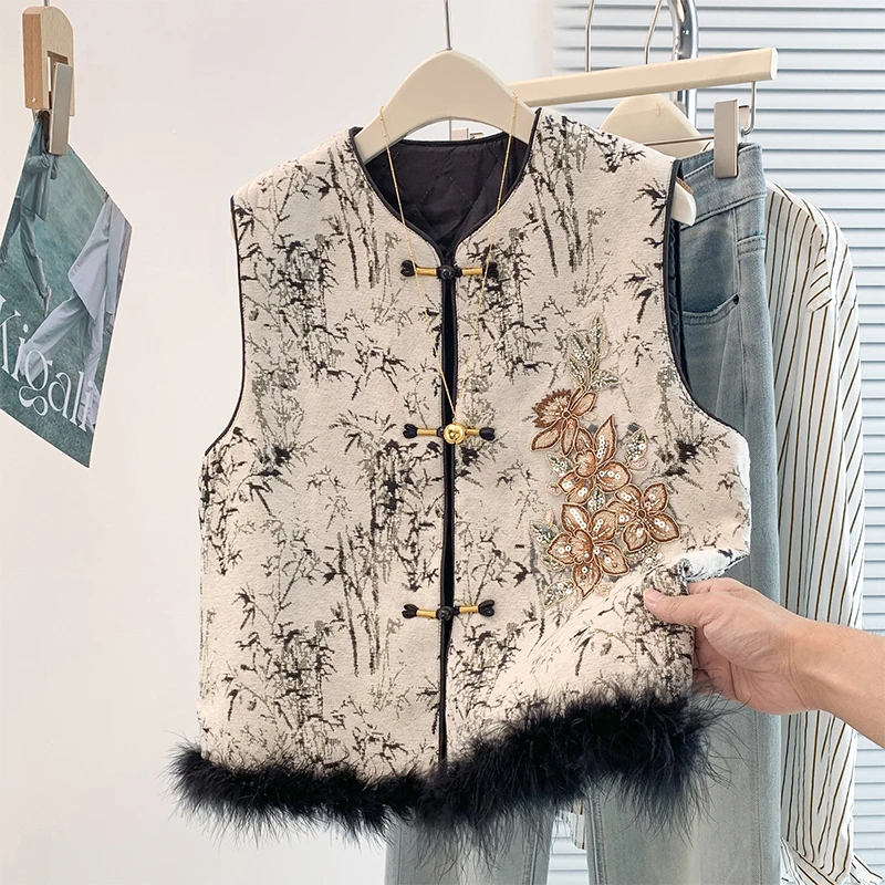 New Chinese Style Heavy Embroidery Sequin Zen Loose Slimming Cotton Jacket Vest Outerwear Elegant Fashionable Winter Outerwear