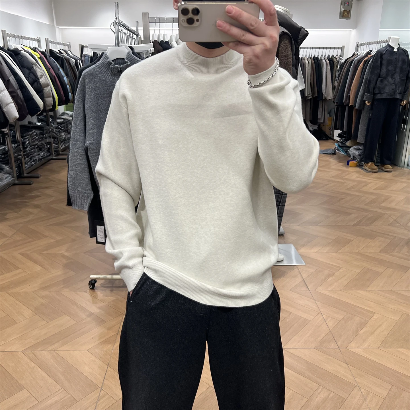 

QFO мужской свитер с высоким воротником Thiened f, зимний теплый свободный крой, однотонный удобный трикотаж из смеси шерсти