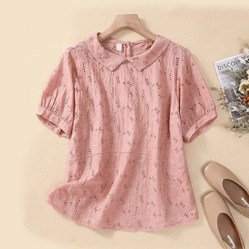 Cotton and Linen Hollow Jacquard Short-sleeved Shirt 2024 Summer New Women\'s Doll Collar Fashion Temperament Casual Blouse Z627