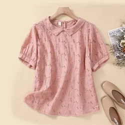 Cotton and Linen Hollow Jacquard Short-sleeved Shirt 2024 Summer New Women's Doll Collar Fashion Temperament Casual Blouse Z627