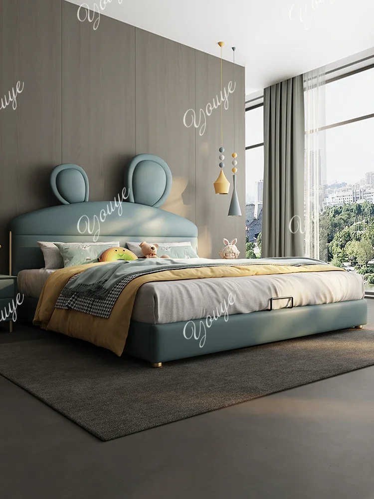 

N49 Современная простая высококачественная роскошная розовая кроссовка из массива дерева с маленькими белыми кроличьими ушками, кожаная детская кровать для спальни