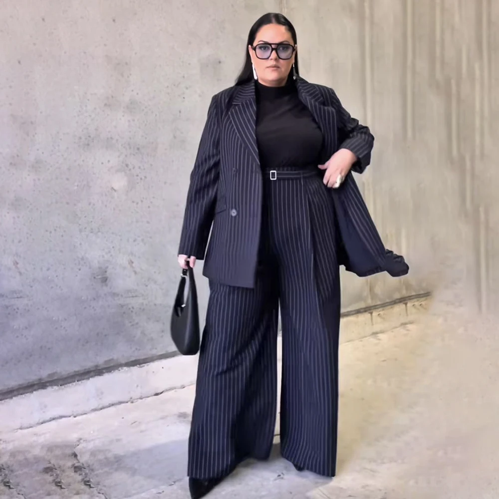 

Pinstripe Women's Suits Blazer High Quality Plus Size Double Breasted Peak Lapel Pants Sets Customzied 2 Piece Jacket Trousers