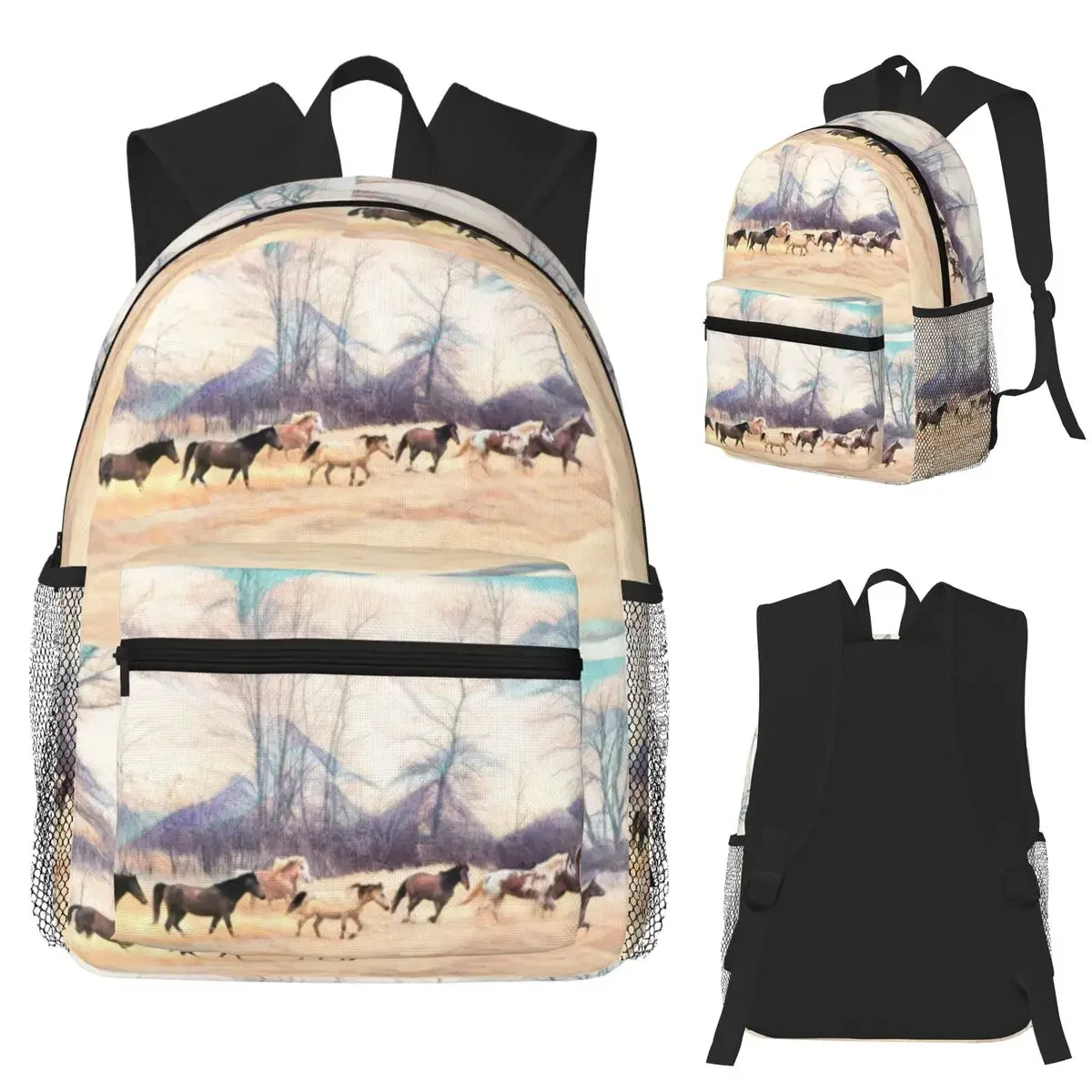 Curly Horse Herd Runs Winter Field Mochila para estudiantes Mochila escolar Mochila de viaje para senderismo para hombres y mujeres Mochila de hombro