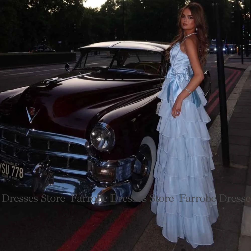 

2025 Birthday Party Dresses Exquisite Satin A-line Prom Dress Sky Blue Strapless Bows Tiered Ruffles Side Split Evening Dresses