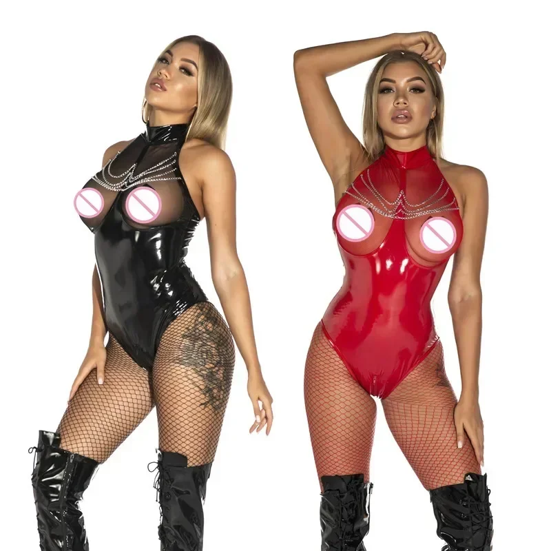 Sexy Wetlook Faux Leather Catsuit PVC Latex Bodysuit Hollow Out Bust Open Crotch Clubwear For Women Fetish Hot Erotic Pole