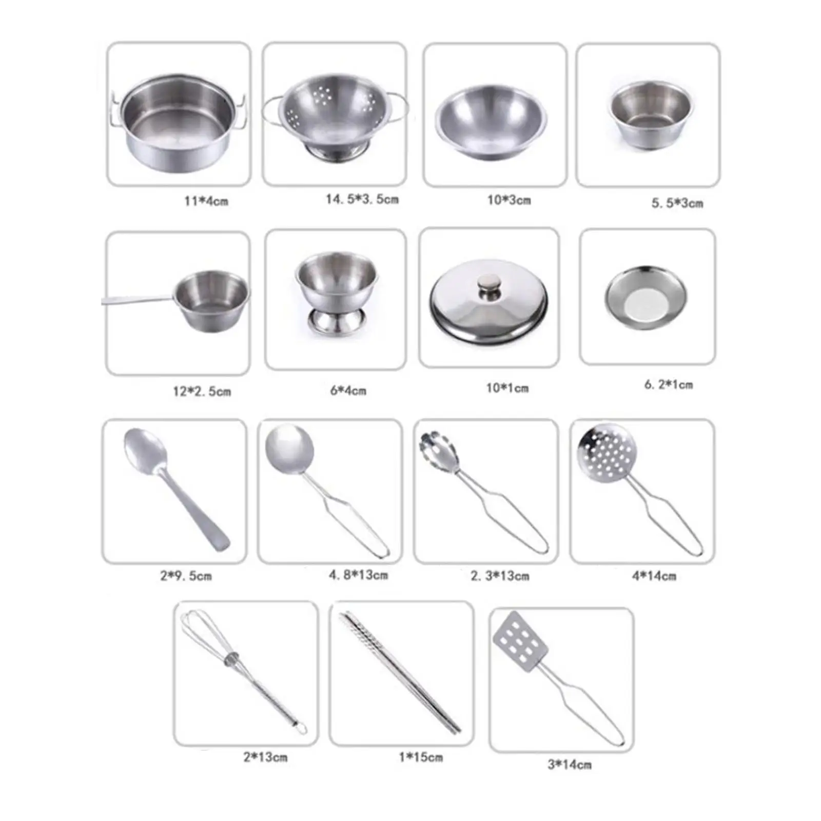 Ustensiles de cuisine en acier inoxydable, jouets de simulation, qualité alimentaire, paquet de 16