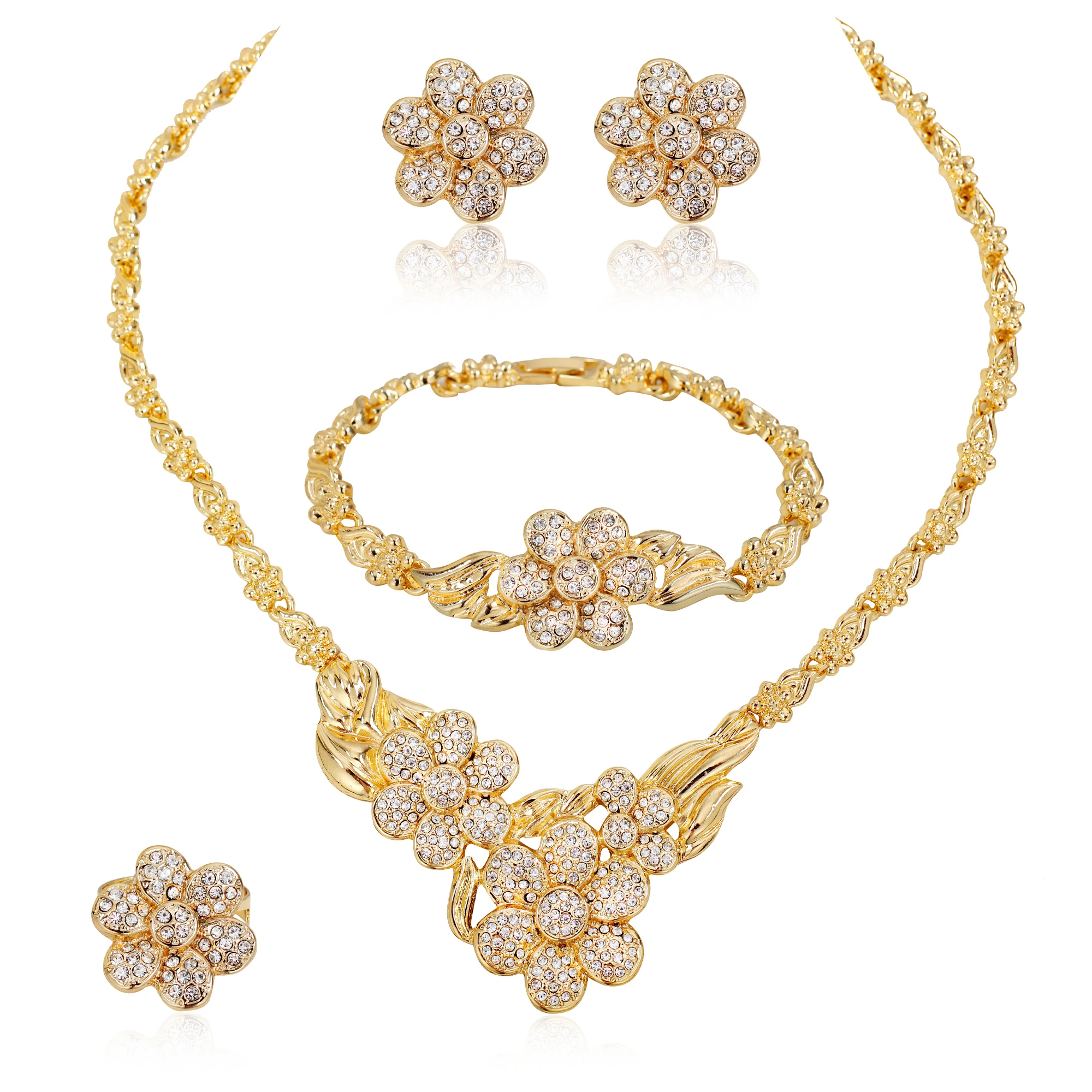 Elegant Women's Jewelry Set with Exquisite Flower Pendant Necklace Earrings  Ring and Gold-plated Bracelet Holiday Gifts