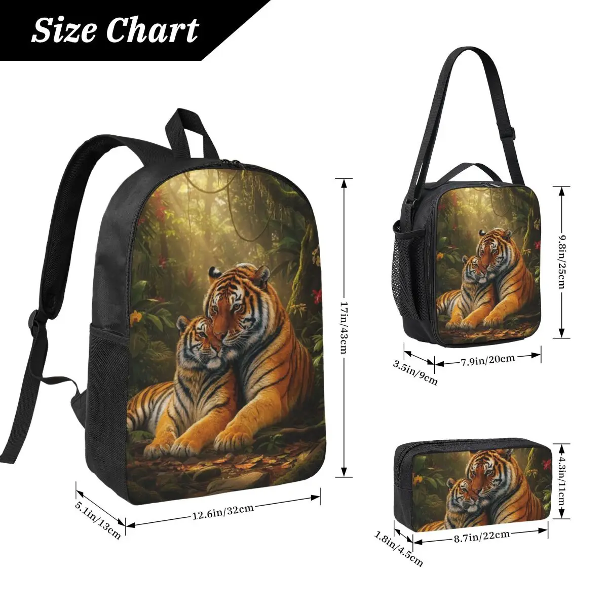 Tiger Lying In The Forest Pattern Backpack Student BookBag School Bag Computer Shoulder Bags 3ps Insulated Lunch Bag Pencil Case