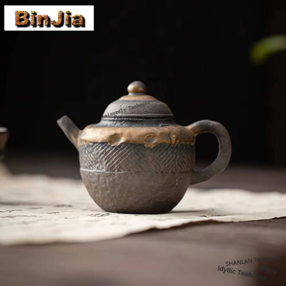 

130ml Chinese Gilded Iron Glazed Teapot Handmade Ancient Early Fired Rough Pot Tea Brewing Kettle Kung Fu Tea Items Ornaments