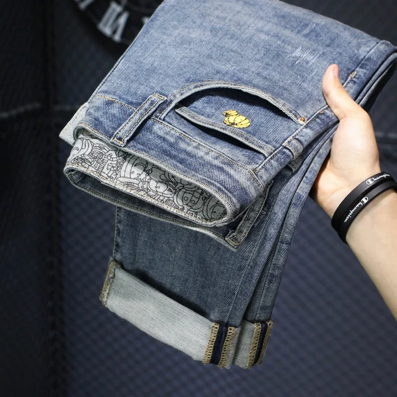 Pumpkin printed cropped jeans for men2024summer thin slim fit fashionable stretch casual high-end men's clothing skinny pants