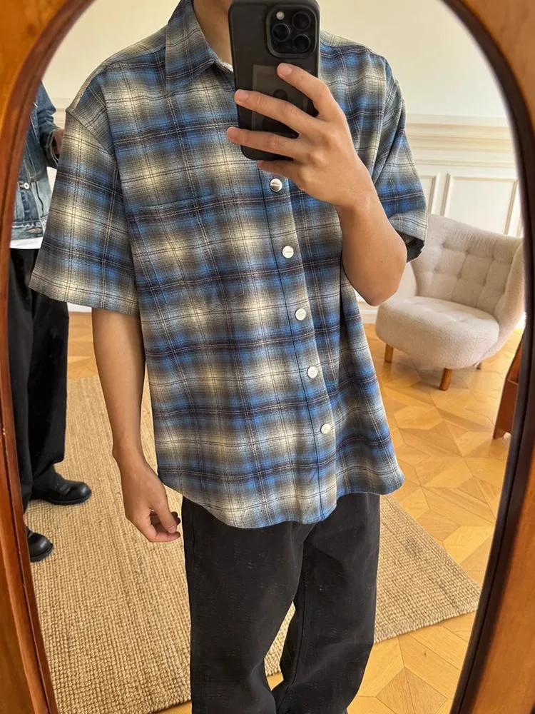 

Blue Plaid Flannel Men's Shirt Summer Trendy High-End Short Sleeve Turn-down Collar American Retro Style Casual Outerwear
