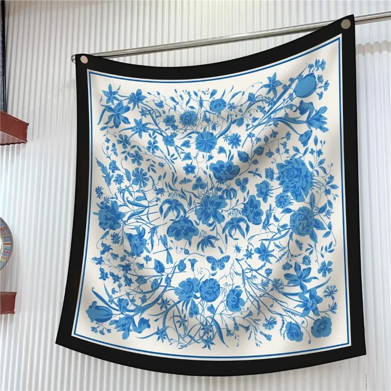 90Cm Korean Version New Hangzhou High-quality Twill Silk Rose Flower Women's Decoration Sunscreen Shawl Large Square Scarf