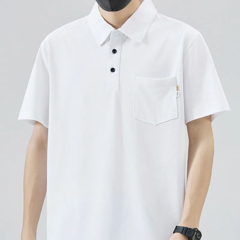 Men's Summer Pockets Solid Turn-down Collar Button Short Sleeve Polo T-shirt Office Lady Casual Young Style England Style Tops