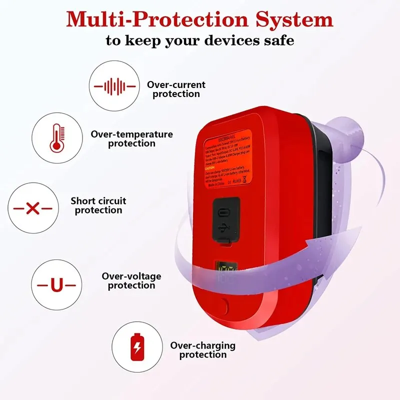 Adapter Charger for Makita/Bosch/Milwaukee/Dewalt 18V Li-ion Battery with USB Type-C Input Output Charger Fast Charging
