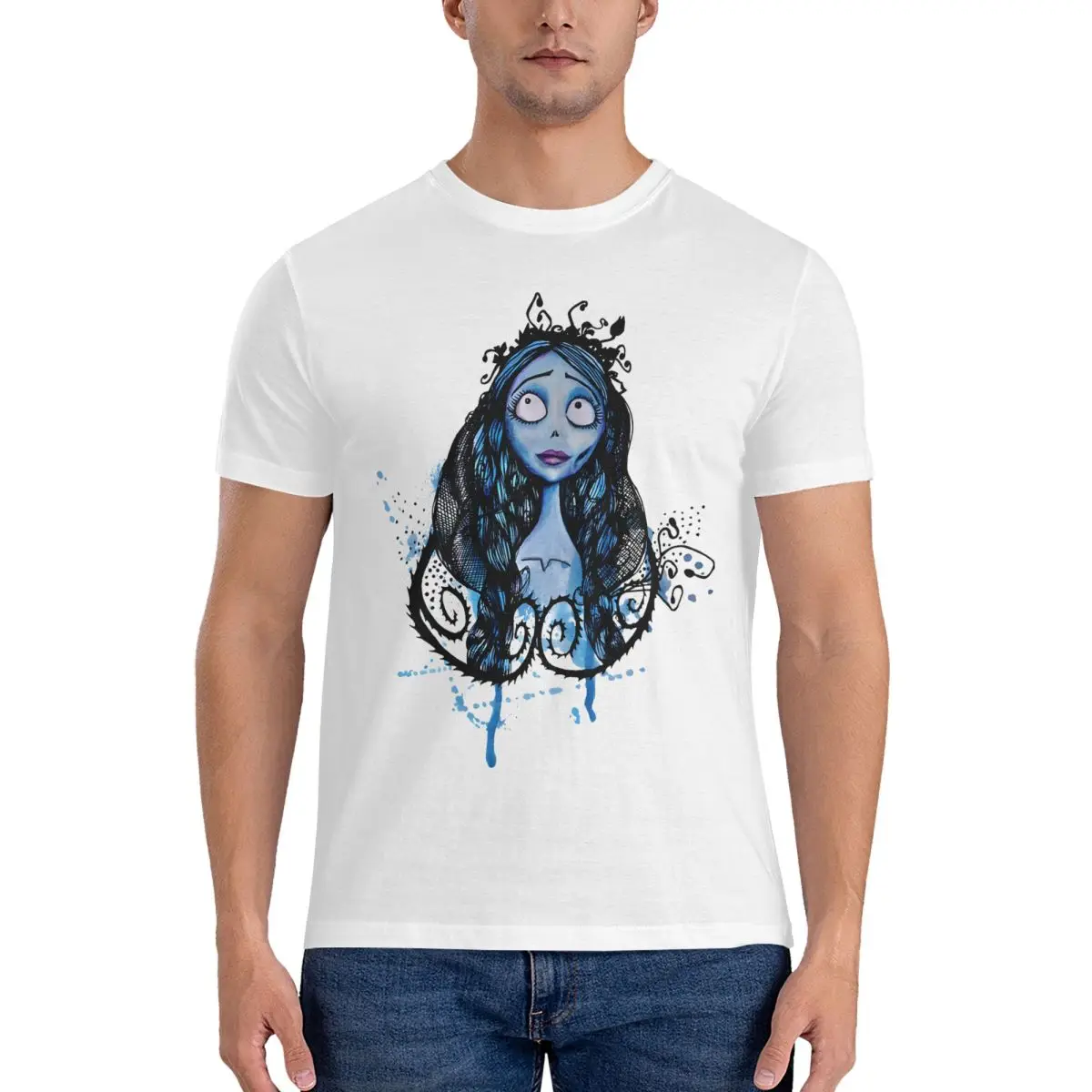 Watercolor Men's T Shirts Corpse Bride Humor Tee Shirt Short Sleeve Round Neck T-Shirt 100% Cotton Gift Idea Tops