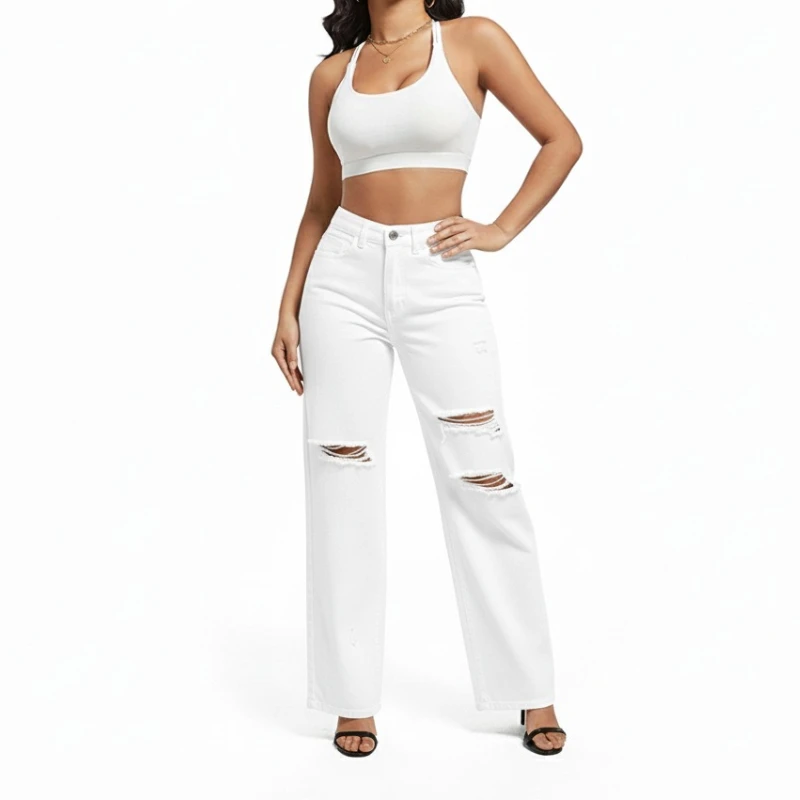 

2026 New Style Denim Trousers for Women Washed Straight Trendy Long Ripped Jeans Xintang