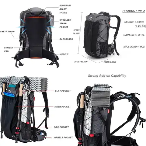 Naturehike Hiking Camping Backpack 45L/65L Lightweight Internal Frame with Rain Cover for Backpacking Outdoor Sports ((60+5) L B