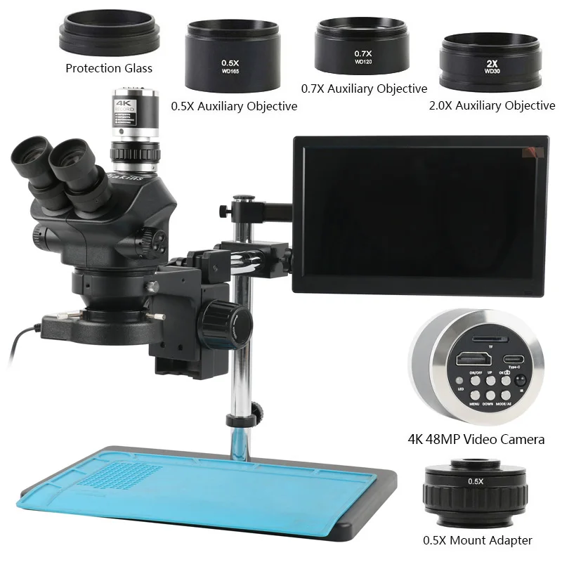 

3.5x-100x Jewelry Coin Watche Stamp Soldering Phone PCB Stereo Trinocular Microscope Set + 11.6 inch LCD Monitor 4K 48MP Camera