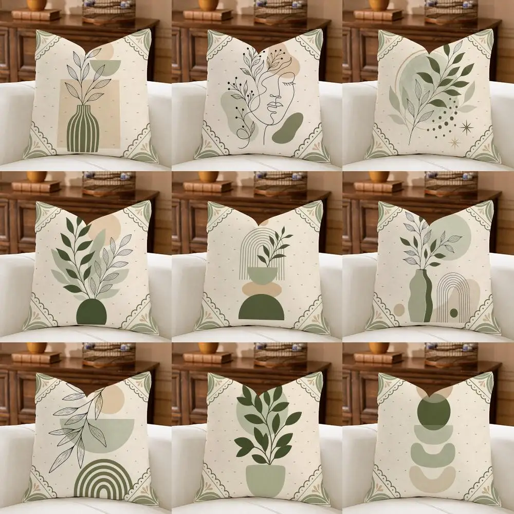Boho Sage Green Abstract Artwork Geometric Cushion Cover Natural Breathable Durable Linen Printed Decor Pillow Case Sofa Bedroom