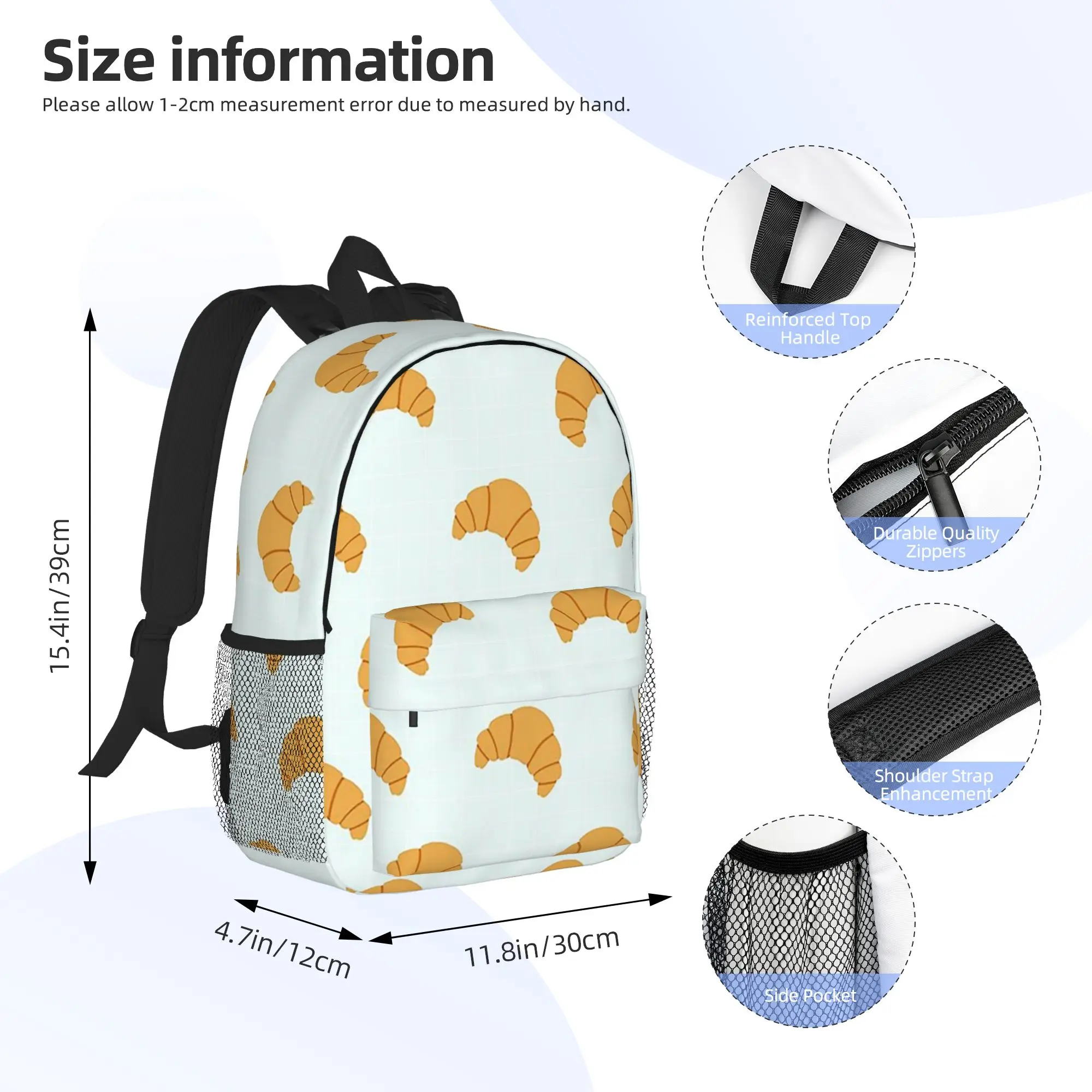 Cute Croissant Print on Blue Background Backpack Hot Sale Daypack Boys Girls BookBag Shoulder Bags for Men Women School Bag