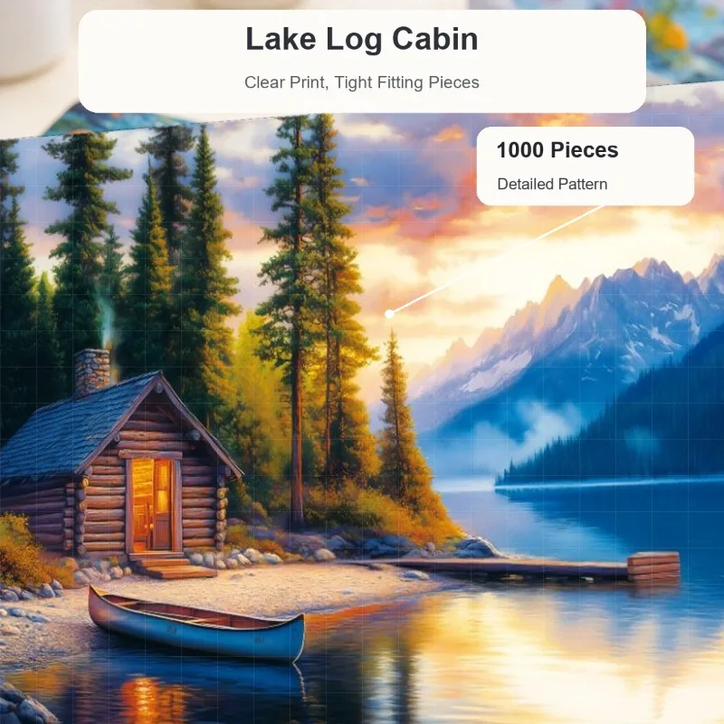 Cozy Lakeside Log Cabin Sunset, 1 Box 1000-Piece Jigsaw Puzzle, Peaceful Mountain Lake Landscape Puzzle