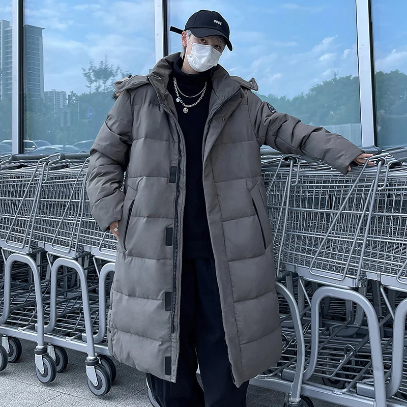 

Korean Fashion Long Down Jacket Couple's Winter Clothing Men's Youth Hooded Zipper Warm Cotton Jacket Coat Men's Parka M-5XL