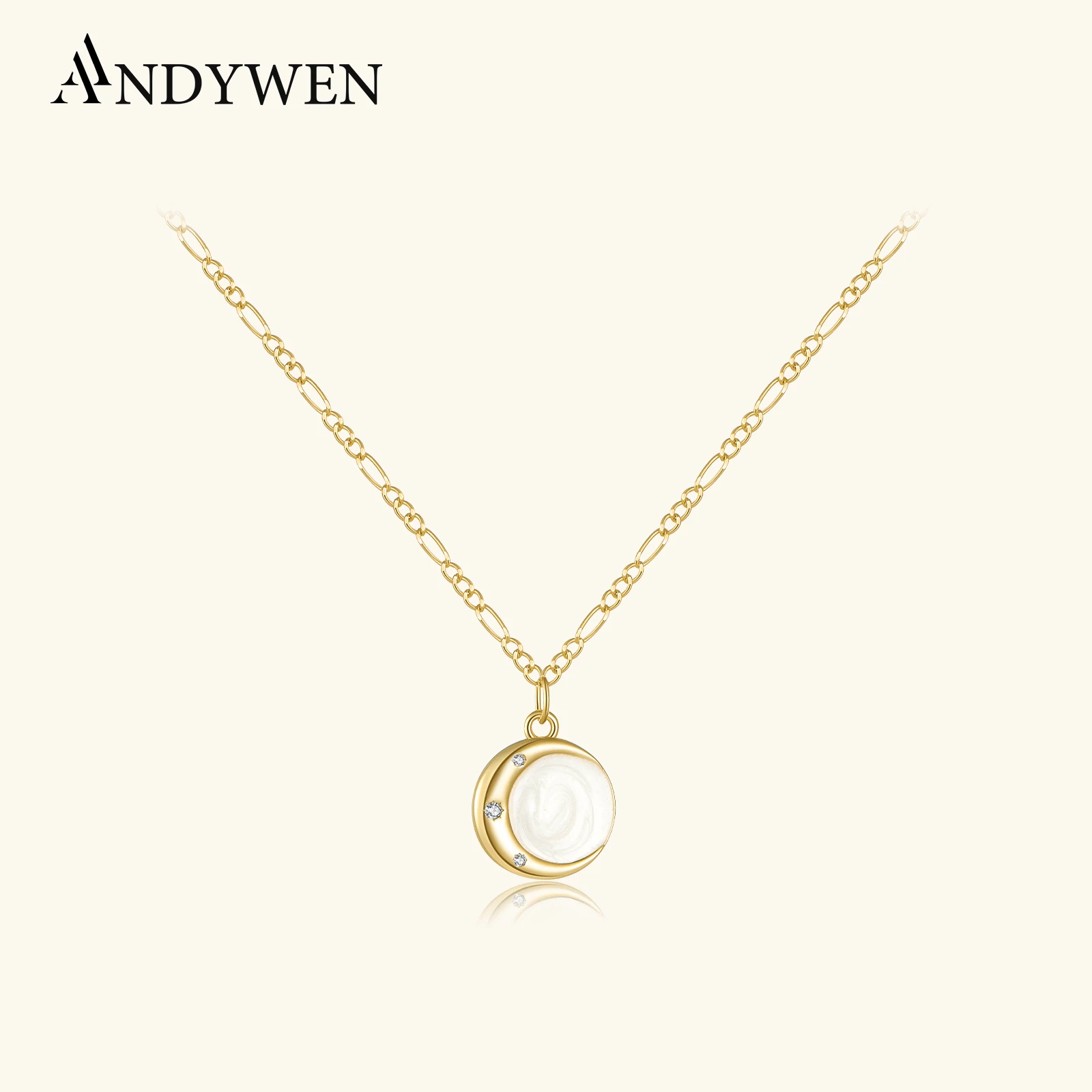 

ANDYWEN, новинка, стерлинговое серебро 925, круглая подвеска, полумесяц, длинная цепочка, ожерелье с цирконием, женское изящное роскошное ювелирное изделие, подарок