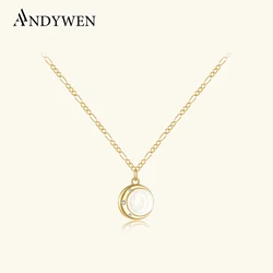ANDYWEN New 925 Sterling Silver Circle Pendant Crescent Moon Long Chain Necklace CZ Zircon Women Dainty Luxury Fine Jewelry Gift