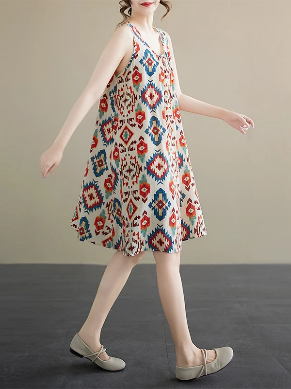 Vestido de verano hoado sin tirantes de talla ande para mujer, vestido sin mangas con cuello redondo y estampado de mezcl...