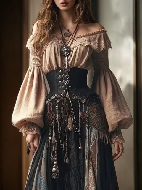Top Retro elegante para mujer, blusa con hombros descubiertos, Top de manga larga de Color sólido con encaje y flores, Top con manga acampanada, Tops bohemios