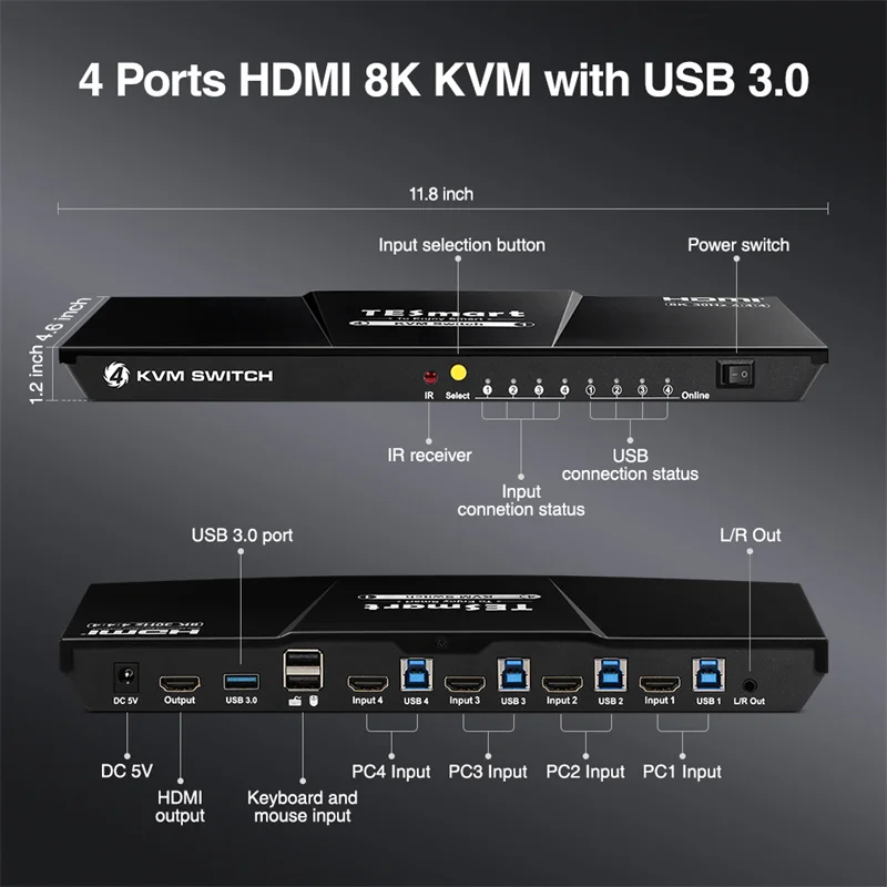 TESmart USB Switch Selector 8K60Hz 4K144Hz HDMI KVM Switch 4 In 1 Out with Hot Key ODM OEM  HDMI KVM Switch Splitter