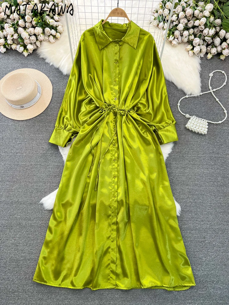 Matakawa Satin lange Kleider einreihig Frühling Herbst solide elegante Vestidos Mujer Mode einfache A-Linie Frauen Kleid