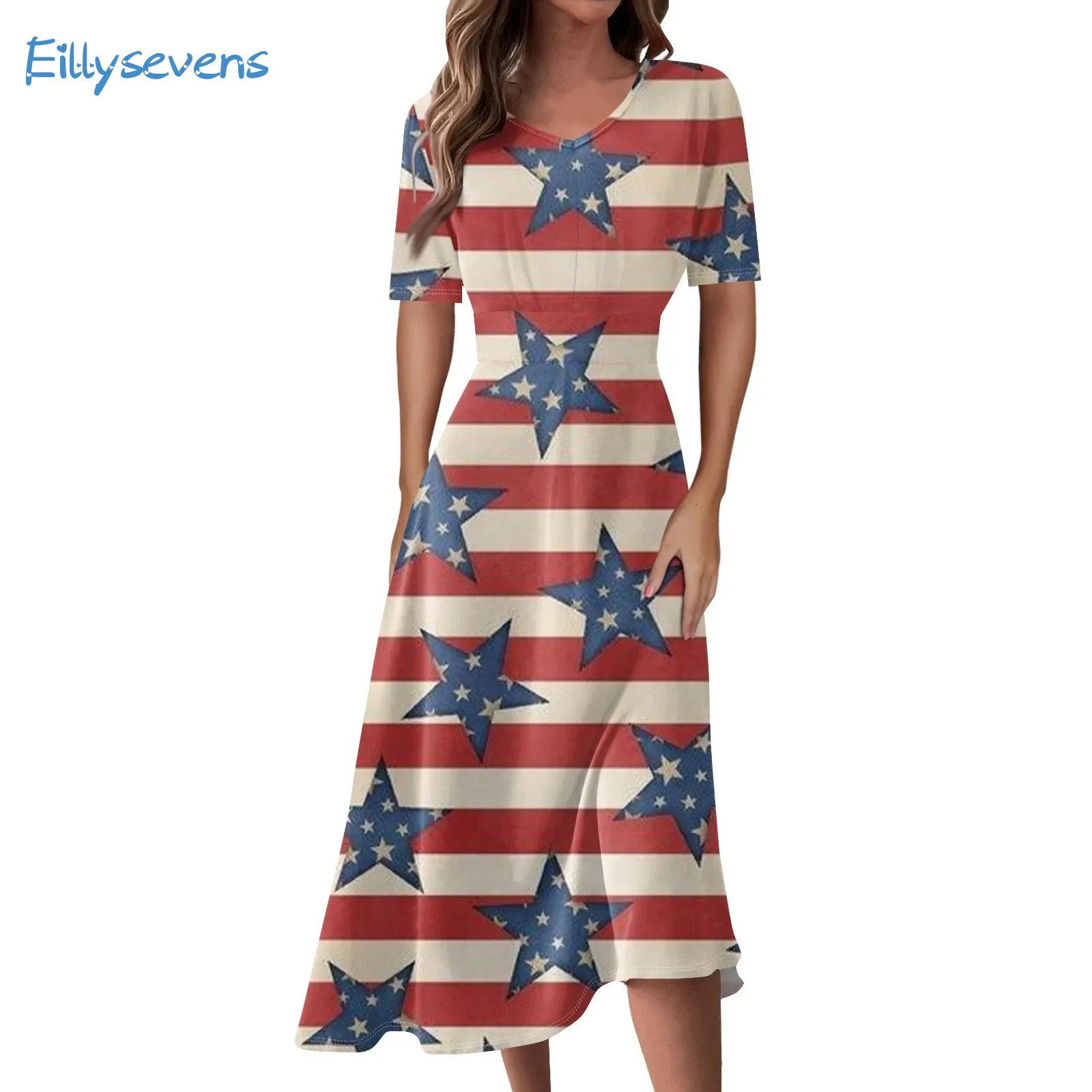 Ladies New Dress Casual Fashion Independence Day Themed Print Dress V-Neck Short Sleeve Waist Fitting Long Flowy Swing Dress