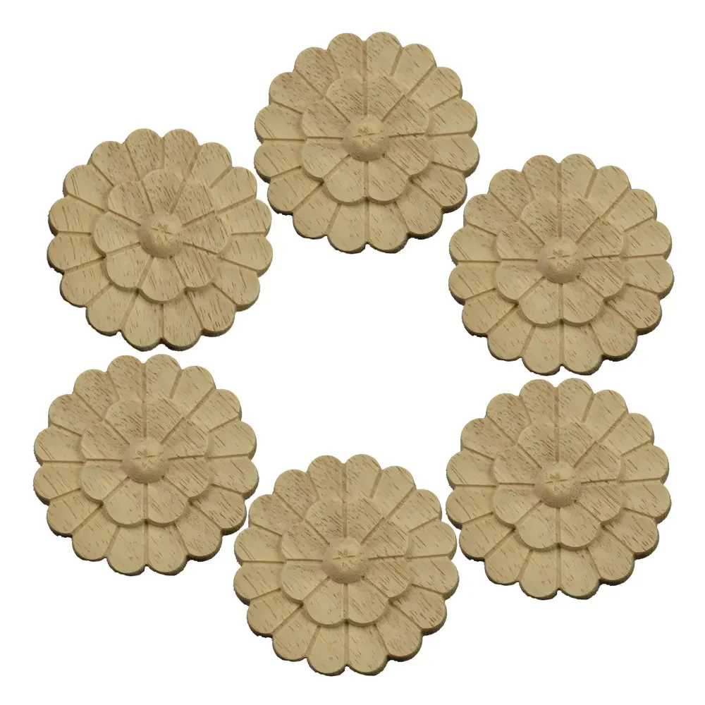 6/10PCS Natural Wood Carved Crafts DIY Home Corner Flower Unpainted Wooden Applique Onlay Ornaments Handmade Wood Applique