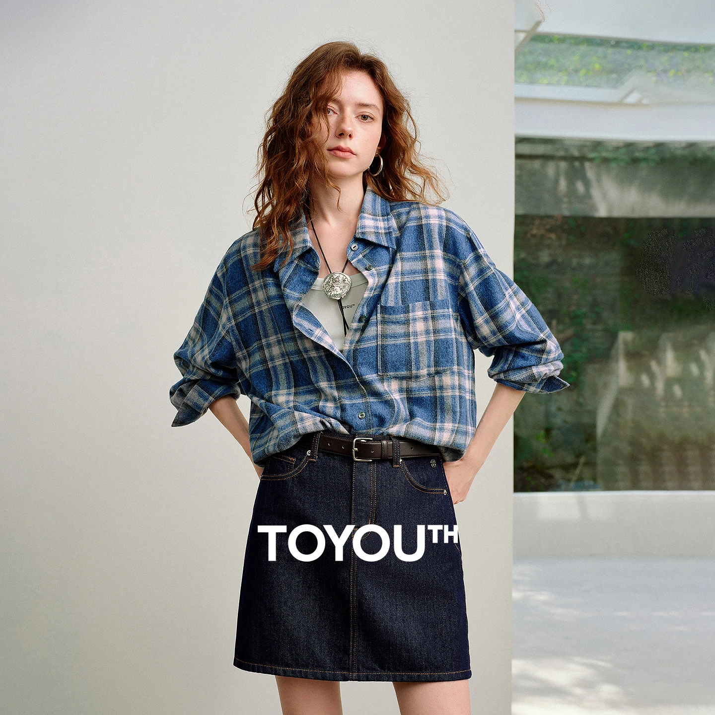 Women's Loose Plaid Cotton Shirts Sky Blue Spring 2025