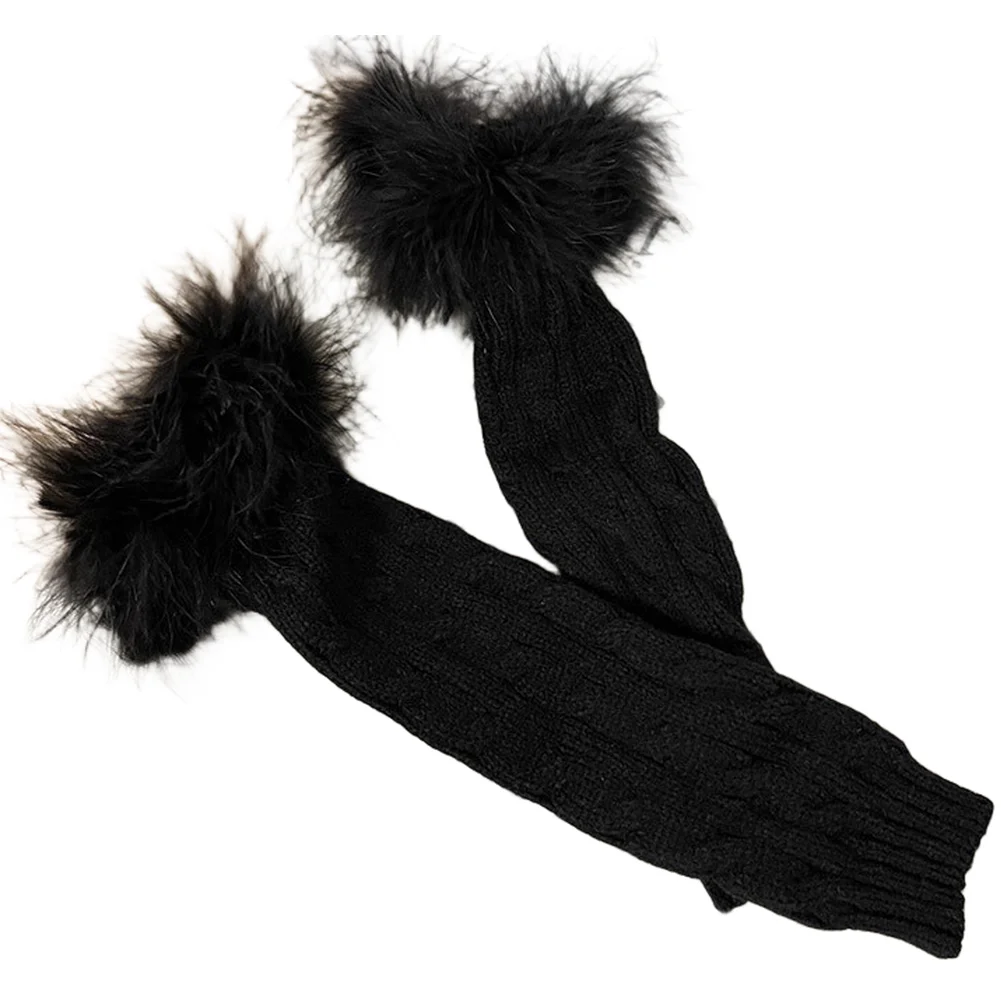 Knit Fingerless Gloves with Feather Trim Arm Warmers for Women Blend Winter Sweet Style White Black Pink Blue Red