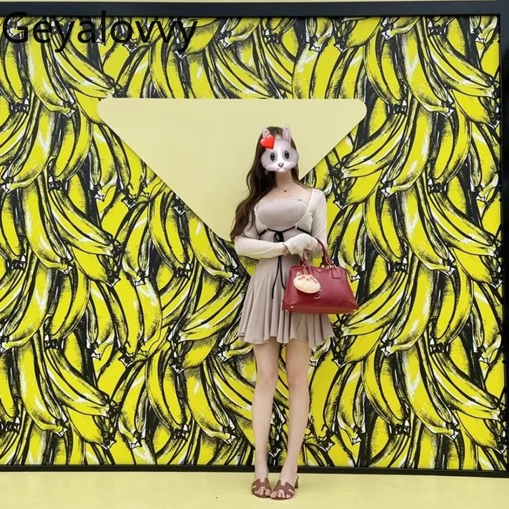 Jesienna Nowa Słodka Dziewczęca Sukienka w Stylu Pure Desire, Udawana Dwuczęściowa, z Kontrastowymi Kolorami, Długi Rękaw, Top typu Tube, Mini, Dopasowana, Krótka Sukienka w Kształcie Litery A