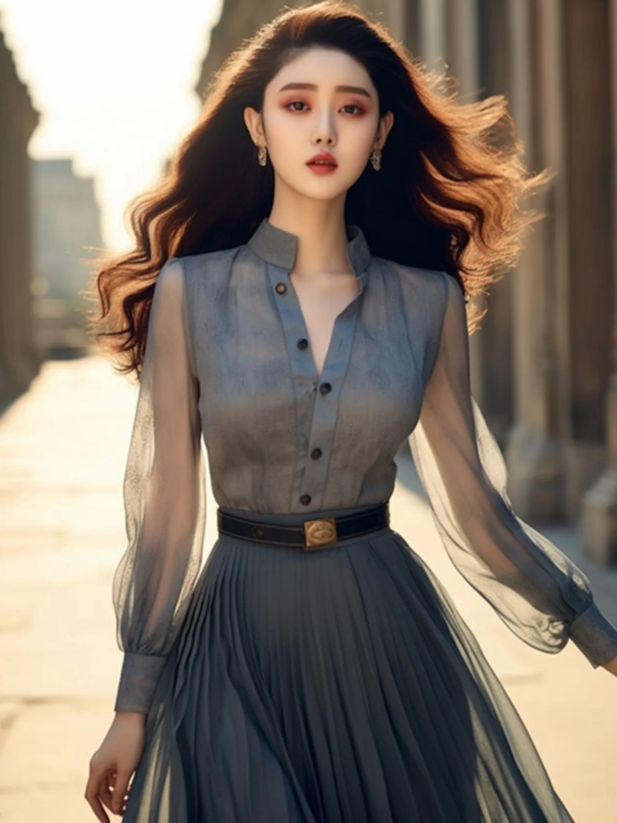 Blue Shirt Skirt Set High End Unique Beautiful Tea Break Fashionable Women's Spring Two-Piece Suit Long Sleeve  Collar Bu...