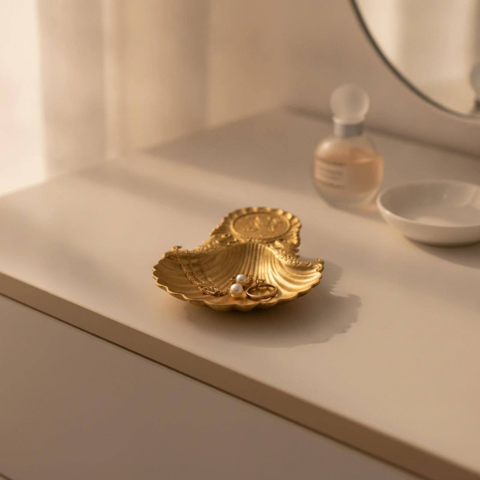Shell Jewelry Tray Sculptural Shell Tray Scalloped Dish Compact for Dresser, Nightstand