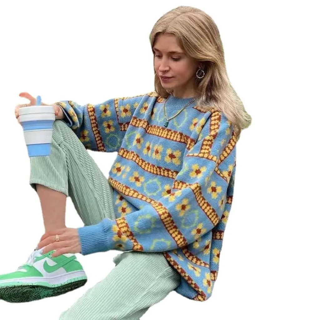 

Голубой полосатый женский свитер в стиле ретро, свободный топ с длинными рукавами, модная осенняя новинка