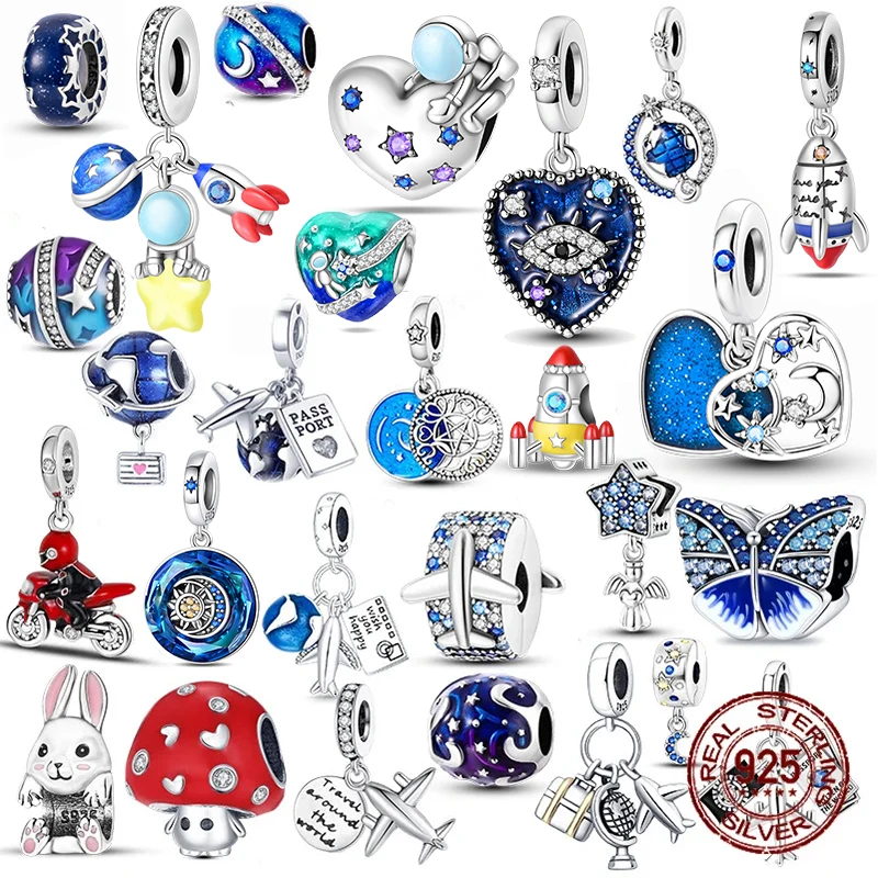 925 Sterling Silver Charm Bead Blue Series Astronaut Star Charm Fit Original  Bracelet Necklace Trinket Women Jewelry