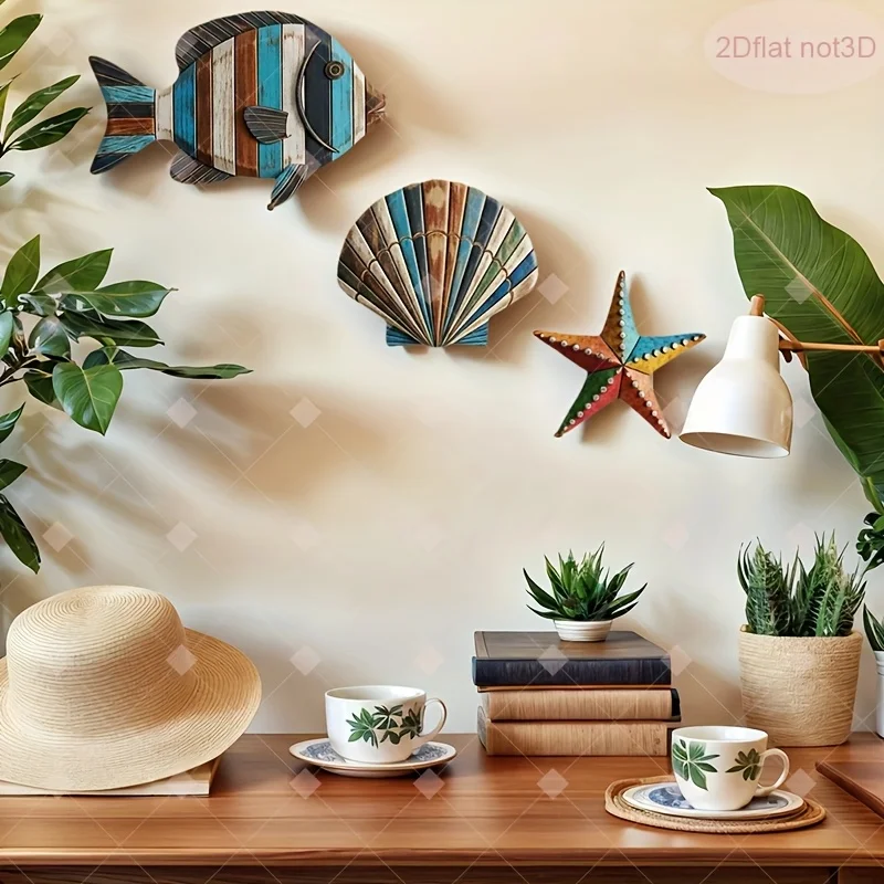3Pcs/set Coastal Wooden Wall Decor,Retro Fish Shell Starfish Wall Art,Nautical Ocean Themed Ornaments for Beach House Home Decor