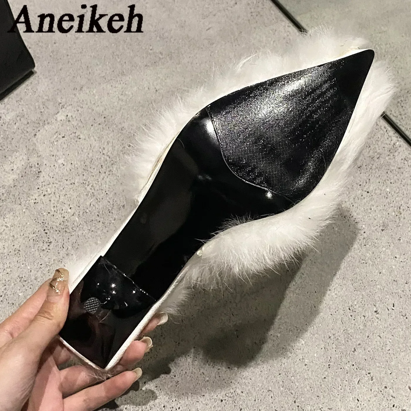 Aneikeh Primavera/otoño moda púrpura zapatillas modernas tacones finos cabeza mulas sandalias aterciopeladas fiesta mujeres zapatos de tacón con punta estrecha