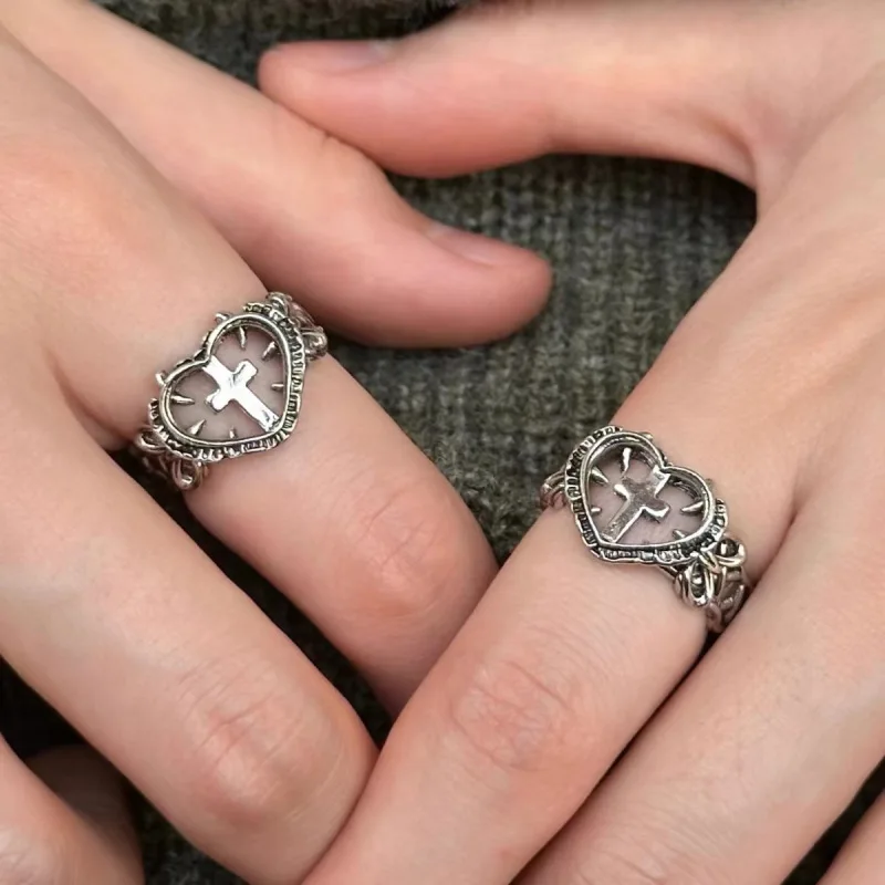 Devil Horn Love Cross Ring Niche Dark Punk Gothic Men's and Women's Trendy Cool Jewelry