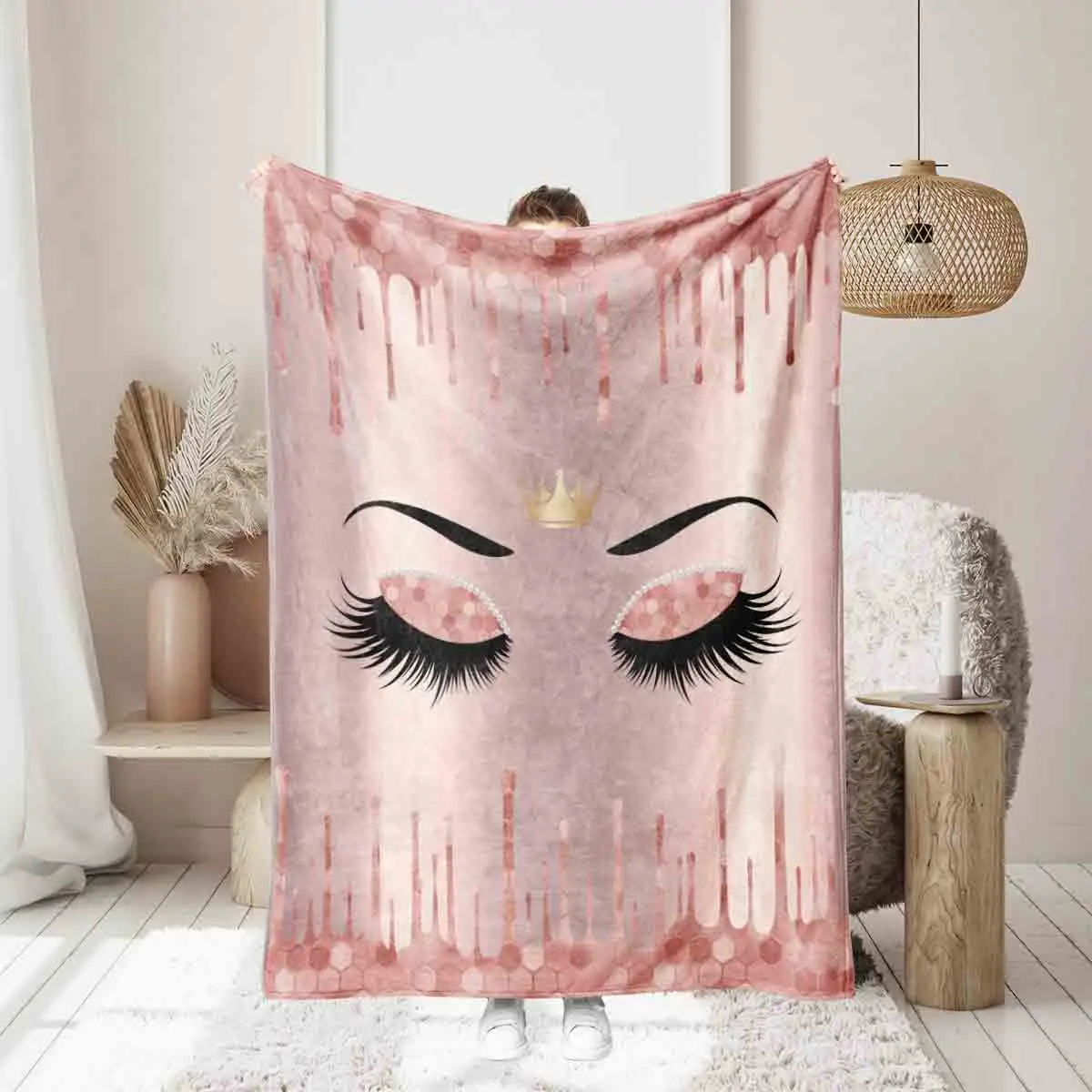 1pc Pink Eyelash Crown Print Flannel Blanket,Soft Cozy,For Travel Sofa Bed Home Decor,Birthday Gift For Teen Adult and Kid