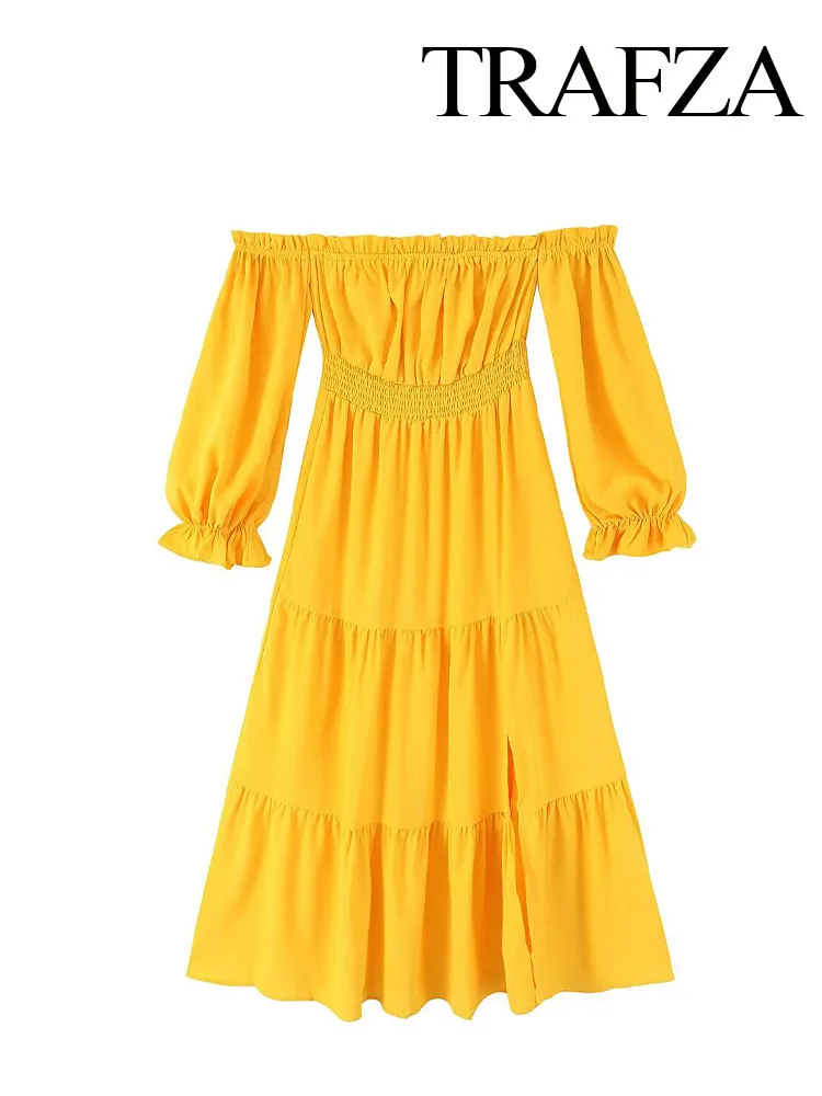 

HH Women's Beach Style Hem Slit Long Dress Yellow Slash Neck Long Sleeves Female Summer New Fashion Backless Dresses