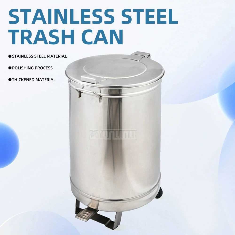 Pedal-Operated, Lidded, Commercial, Kitchen,Stainless Steel Trash Can, Round, Industrial, Medical, with Wheels, Large Capacity
