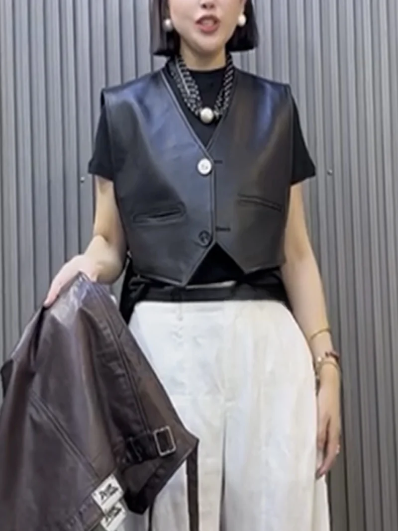 

Осень-зима 2024, жилет из натуральной кожи, женский жилет из овчины с v-образным вырезом, утягивающая верхняя одежда, модный жилет для поездок на работу