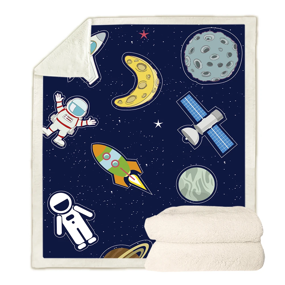 HX Fashion Childrens Throw Blankets Cartoon Rocket Astronaut Satellite 3D Graphic Double Layer Blanket Throw Keep Warm Quilt